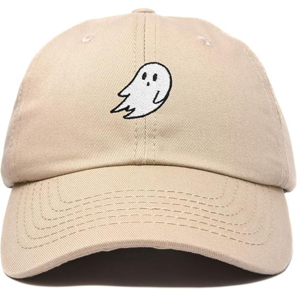 Unisex Khaki 100%Cotton Ghost Embroidered Adjustable Buckle Classic Baseball Cap